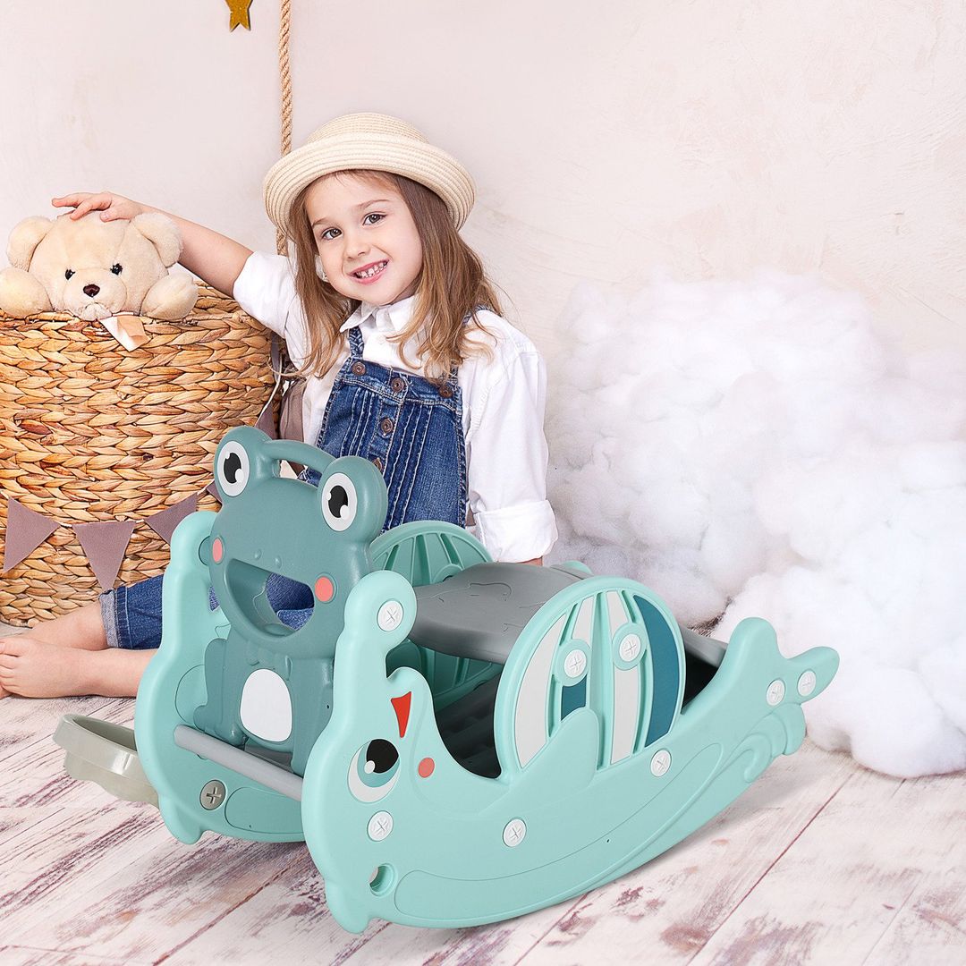 3 in 1 Rocking Horse with Portable Slide and Basketball Hoop - Green - Image 1