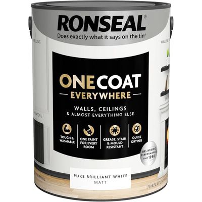 Ronseal One Coat Everywhere Interior Paint Pure Brilliant White Matt 5 Litre KCB.7015103.20104.81