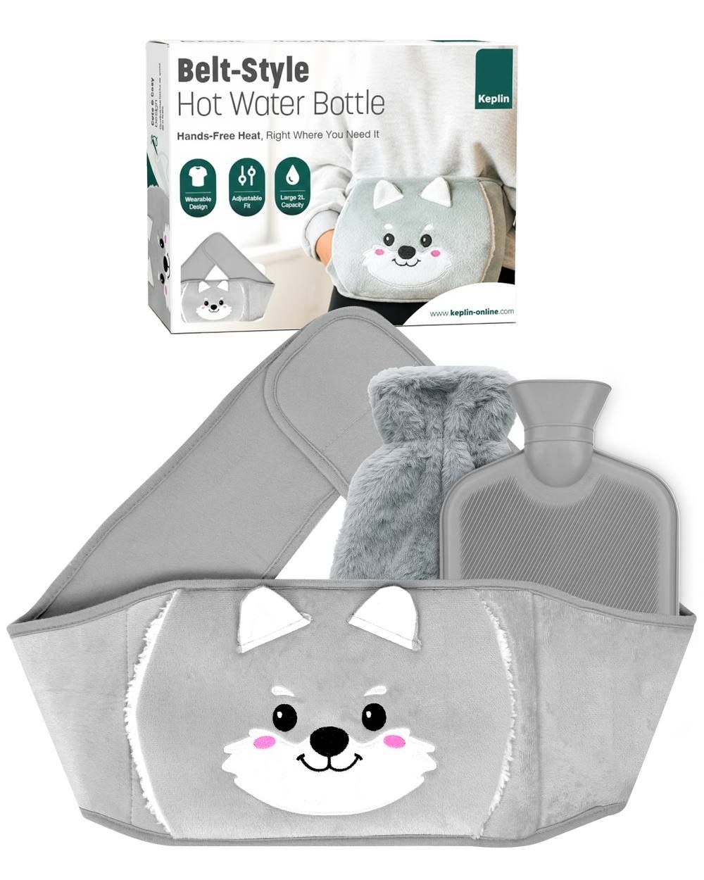 KEPLIN 2L Hot Water Bottle Belt - Plush Waist Cover, Grey Wolf Design - Grey - Image 1