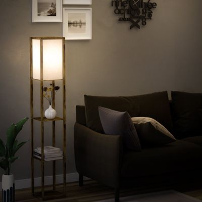 HOMCOM Modern 3 Tier Floor Lamp with Shelves - Brown and Acrylic