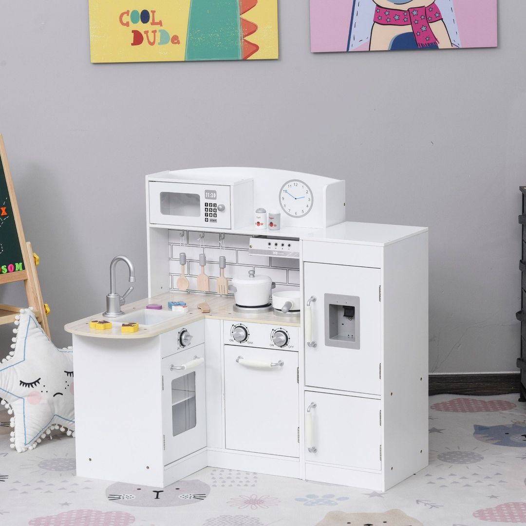 HOMCOM White Kids Kitchen Play Cooking Toy Set - White - Image 1