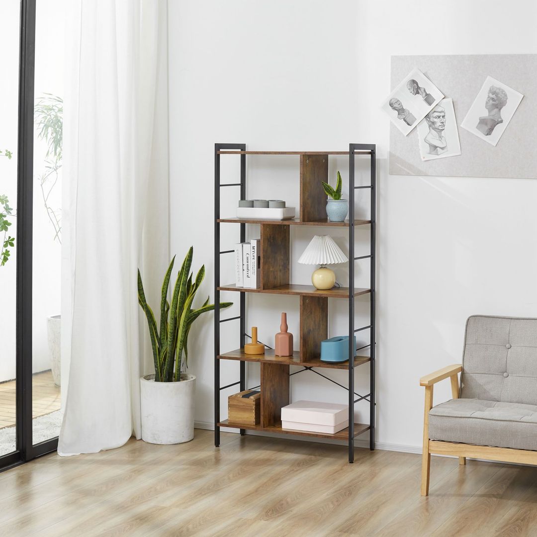 HOMCOM Bookcase Industrial 4 Shelves Rustic Brown/Black - Image 1