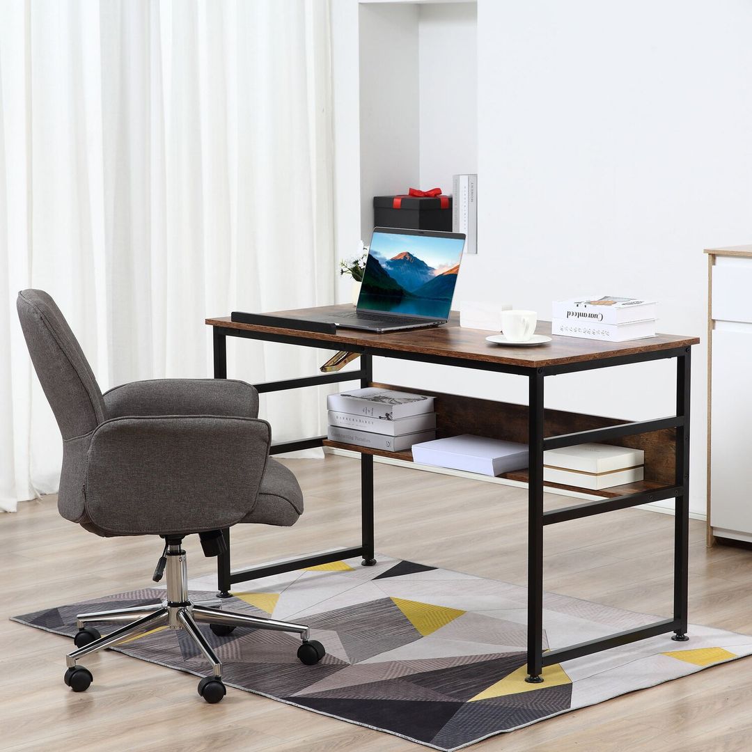 HOMCOM Tiltable Drafting Table Computer Desk with Open Shelf, Rustic Brown - Rustic brown - Image 1