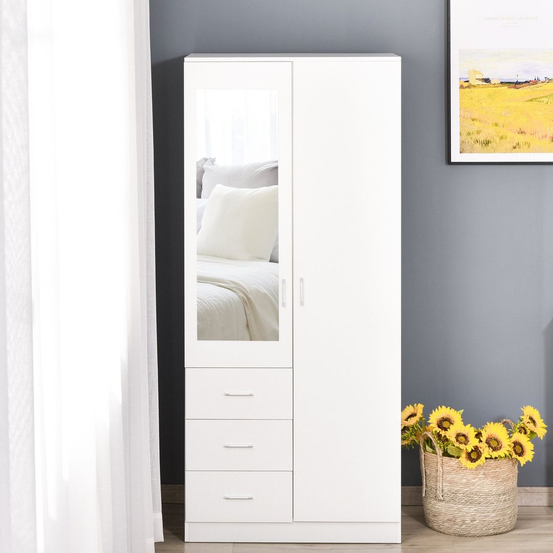 Mirror Wardrobe with Adjustable Shelf, Hanging Rail and 3 Drawers - White - Image 1