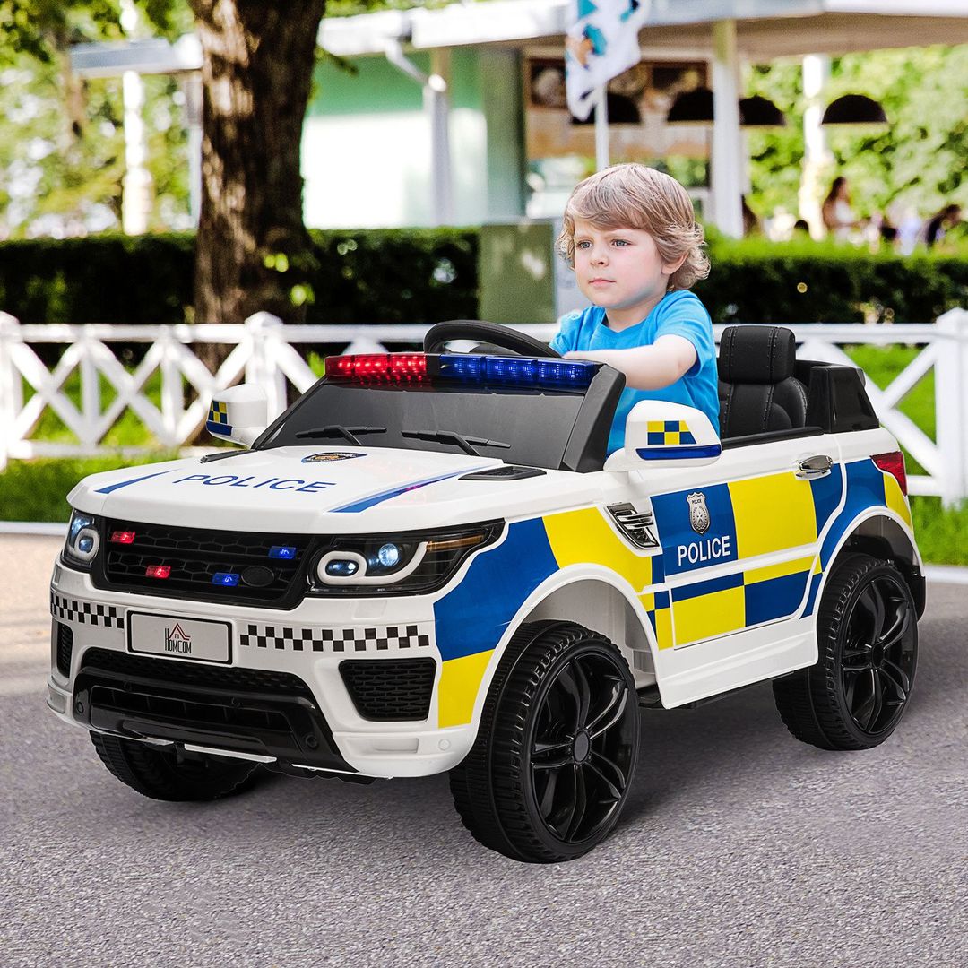 HOMCOM 12V Kids Portable Electric Ride On Police Car - White - Image 1