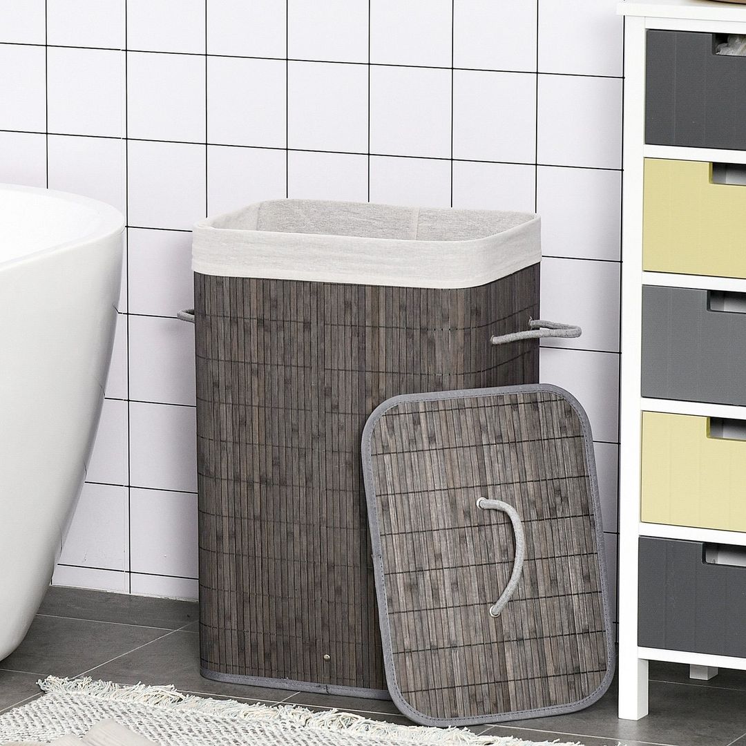 HOMCOM Bamboo Laundry Basket with Flip Lid - Grey - Image 1