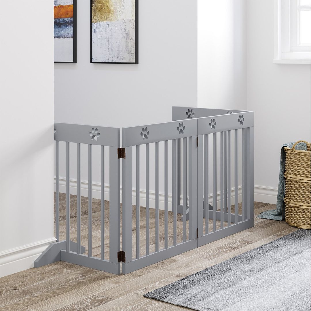 Freestanding 4 Panel Folding Pet Gate - Grey - Image 1