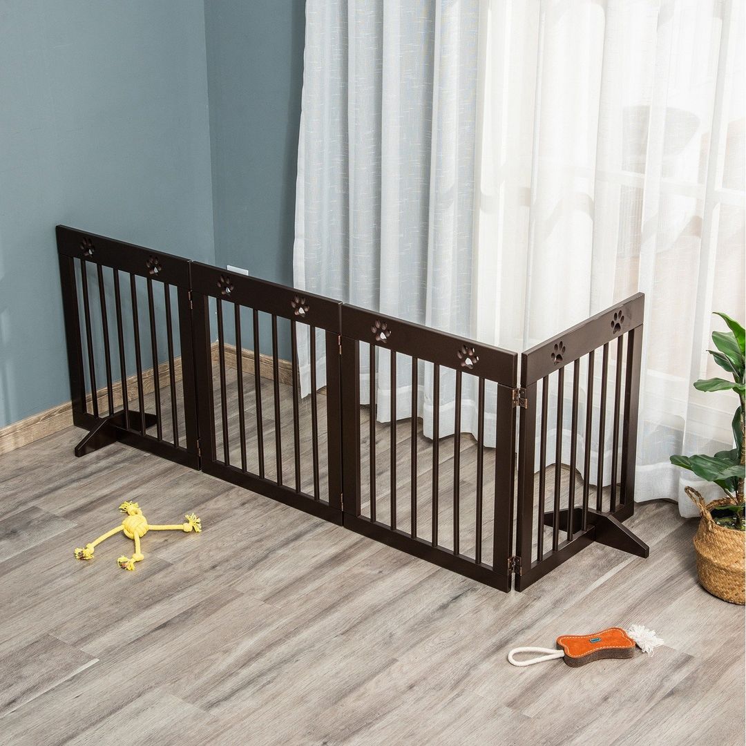 Freestanding 4 Panel Folding Pet Gate - Brown - Image 1
