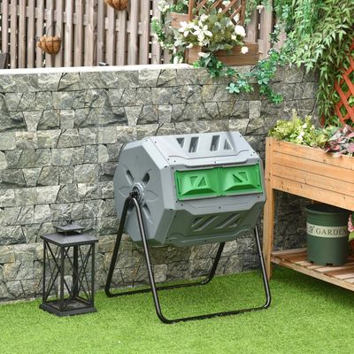 Outsunny Tumbling Compost Bin Outdoor Dual Chamber - Grey