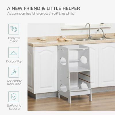 HOMCOM Kids Step Stool Kitchen Stool with Adjustable Standing Platform - Grey