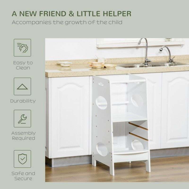 HOMCOM Kids Step Stool Kitchen Stool with Adjustable Standing Platform - White - Image 1