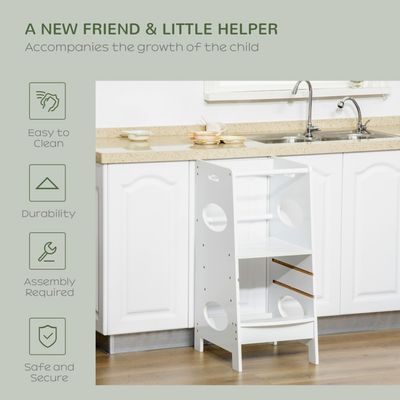 HOMCOM Kids Step Stool Kitchen Stool with Adjustable Standing Platform - White