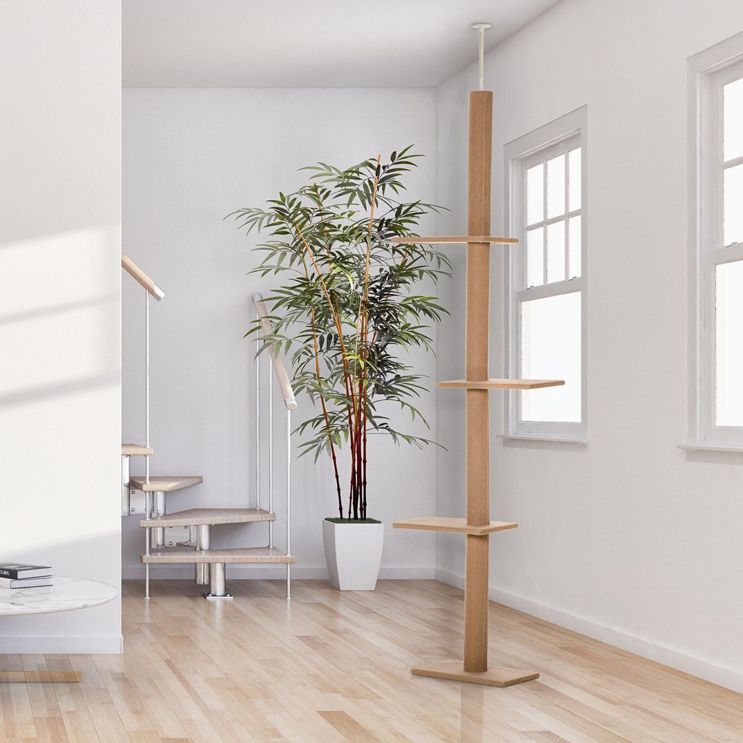 PawHut Floor To Ceiling Cat Tree with 3 Perches - Brown - Image 1