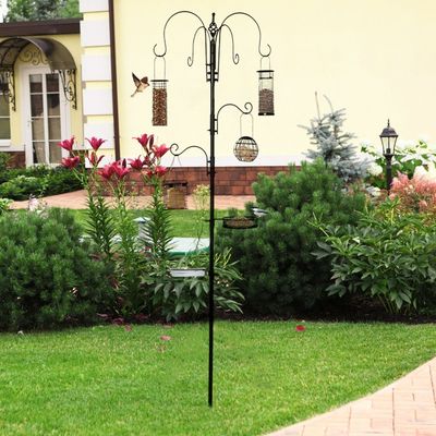 Bird Feeding Station Kit Wild Bird Feeder Pole with 6 Hooks - Black