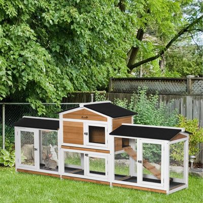 PawHut 2 Tier Wooden Small Animal Hutch with Double Side Run Boxes - Natural