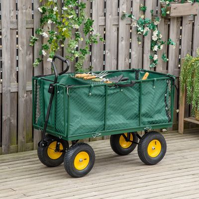 Outsunny Large 4 Wheel Heavy Duty Garden Cart Truck Trolley Wheelbarrow - dark green