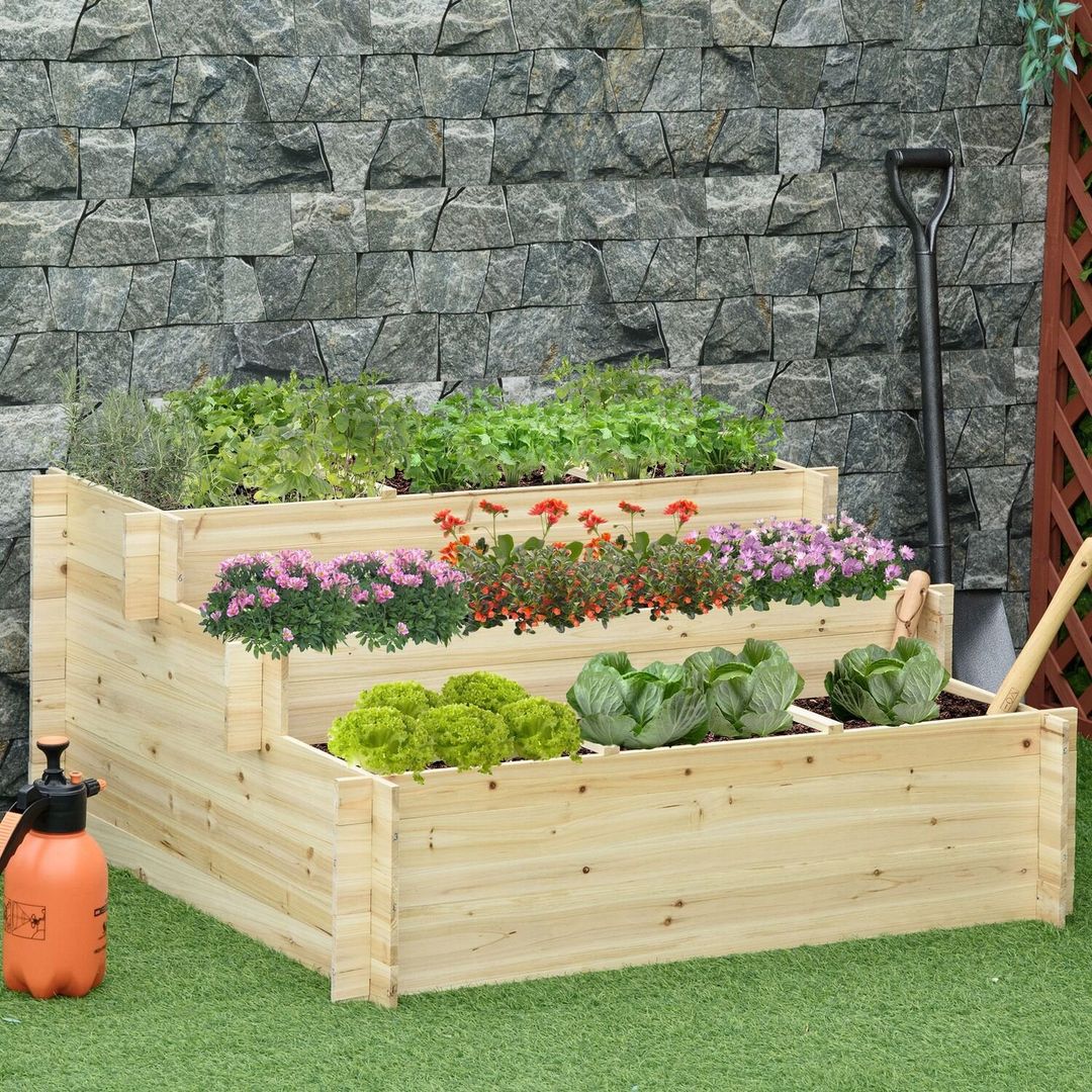 Outsunny 3 Tier Raised Garden Bed - Natural wood finish - Image 1