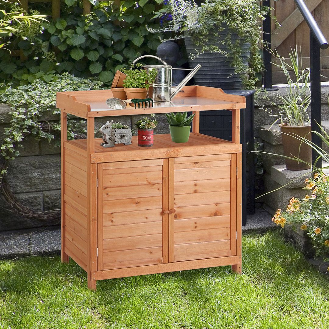 Outsunny Multi-function Potting Bench Table with Storage - Orange - Image 1