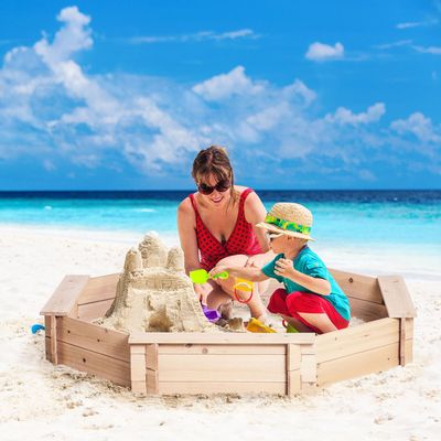 Outsunny Octagon Wooden Sandbox Polyester Cover Seat Board Natural - Natural