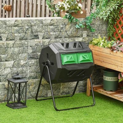 Outsunny Tumbling Compost Bin Outdoor Dual Chamber - Black