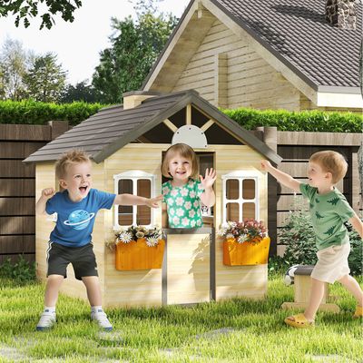 Outsunny Wooden Kids Playhouse Wendy House For Ages 3-7 Years - Natural / Natural wood finish