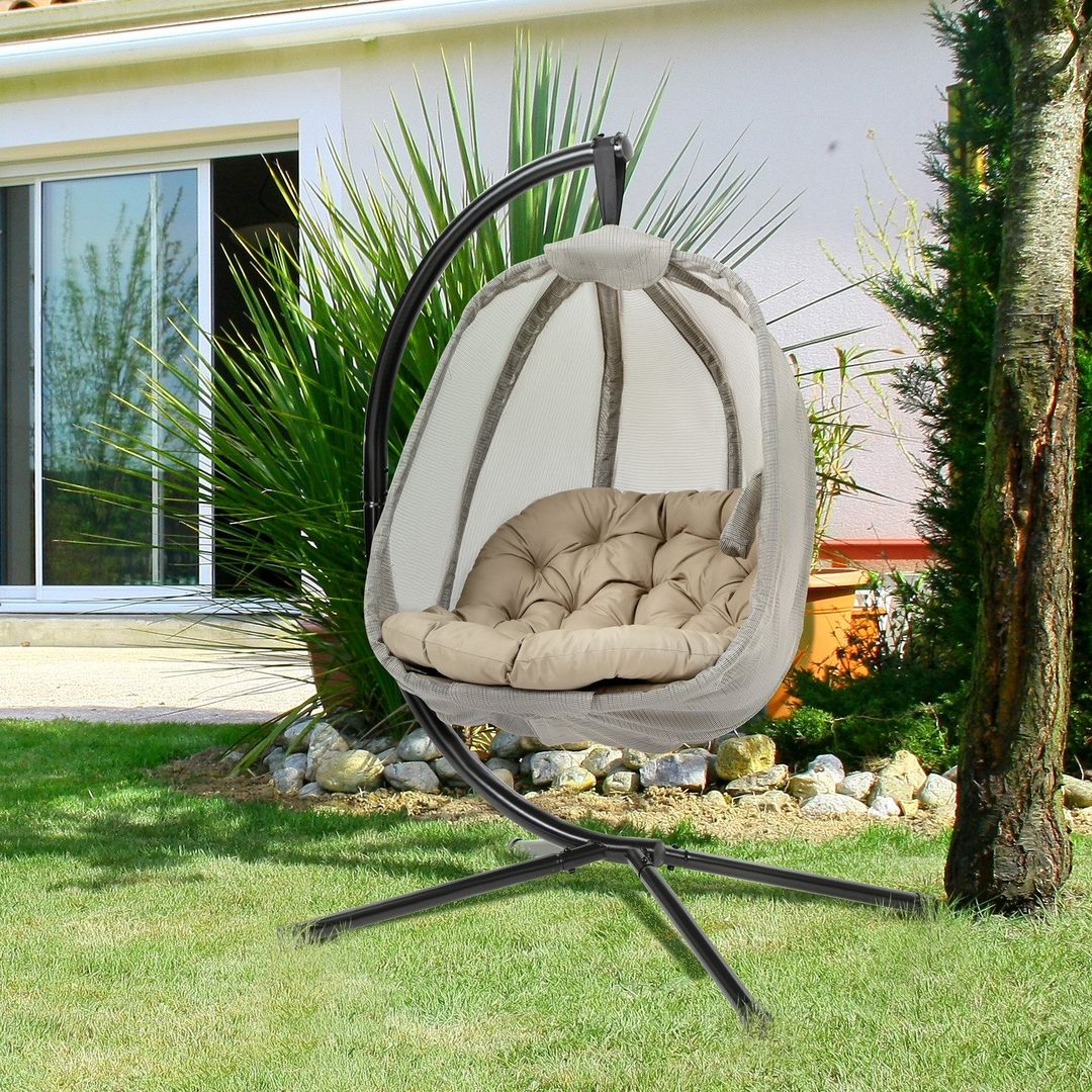 Outsunny Hanging Egg Chair, Folding Swing Hammock - Black, Khaki, Brown - Image 1