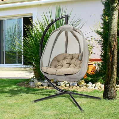 Outsunny Hanging Egg Chair, Folding Swing Hammock - Black, Khaki, Brown
