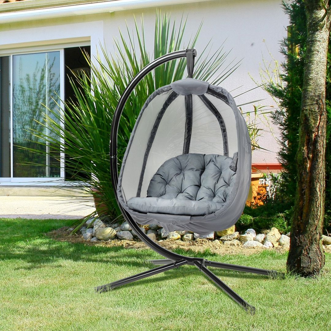 Outsunny Hanging Egg Chair, Folding Swing Hammock - Grey - Image 1
