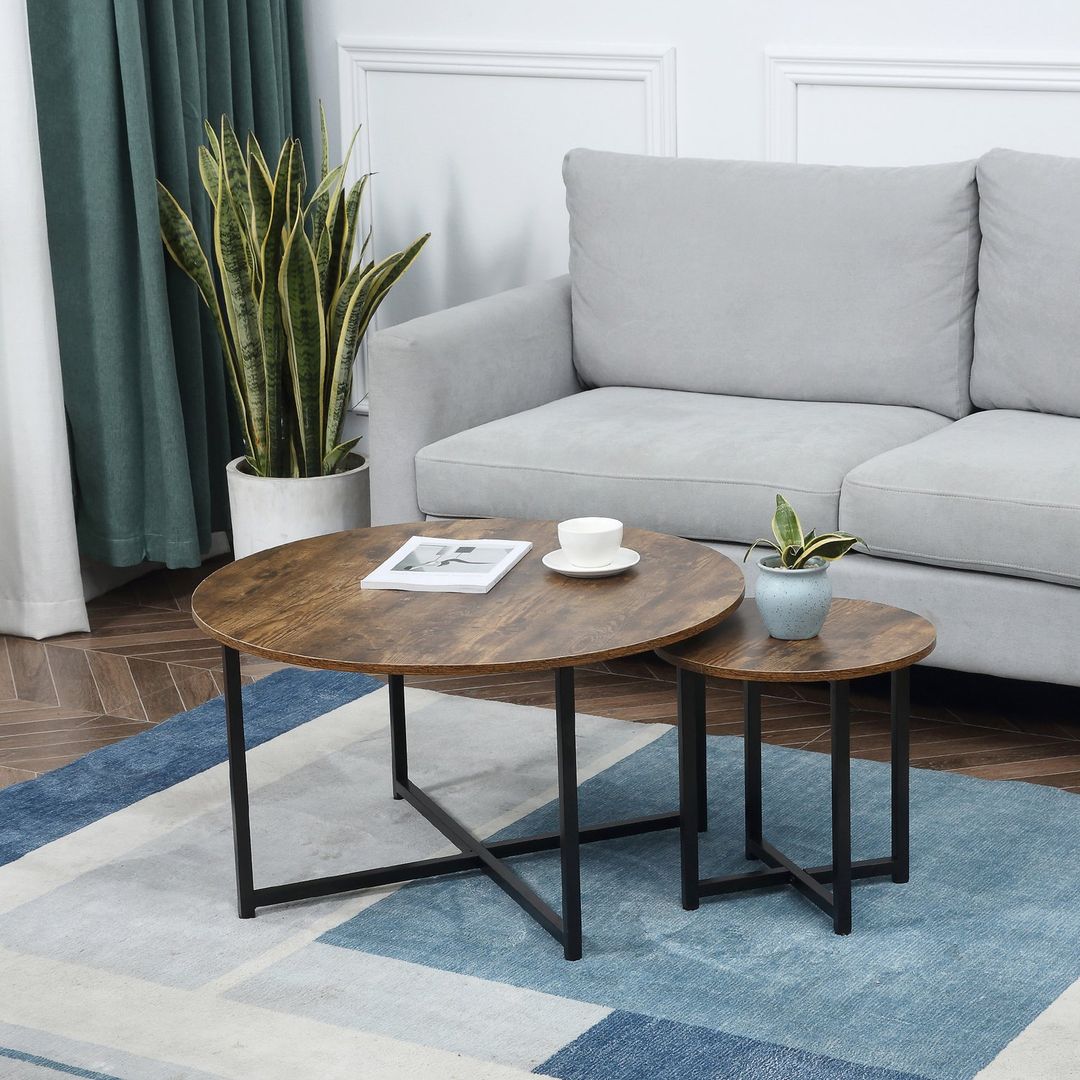 HOMCOM Set of 2 Nesting Coffee Table - Rustic Brown - Image 1
