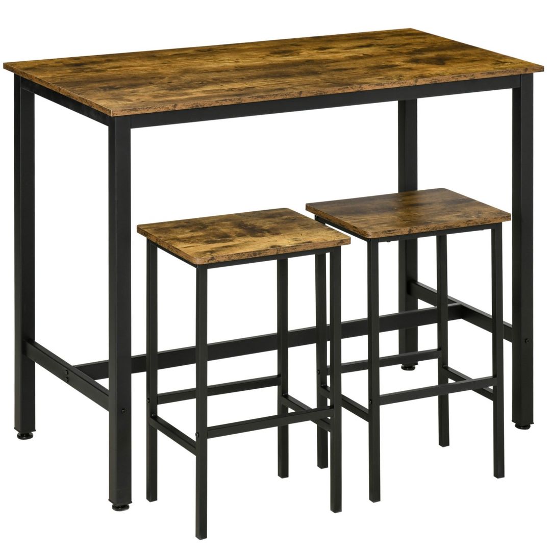 HOMCOM Bar Table & 2 Stools Industrial Rustic Brown/Black - Image 1