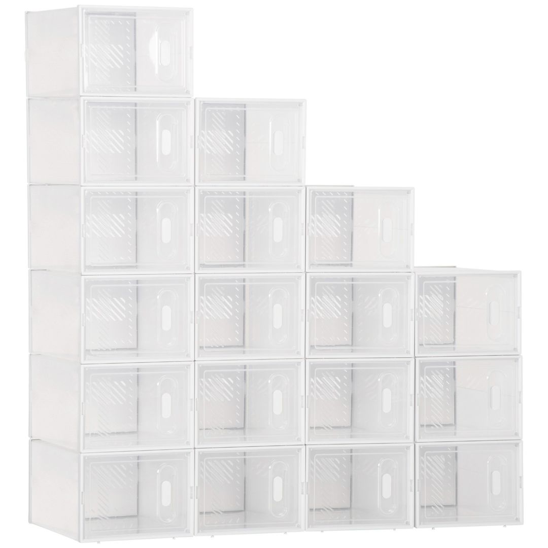 HOMCOM Portable Shoe Storage Cabinet, Cube Storage Organizer - Clear, White / 35cm / 19cm / 18 - Image 1