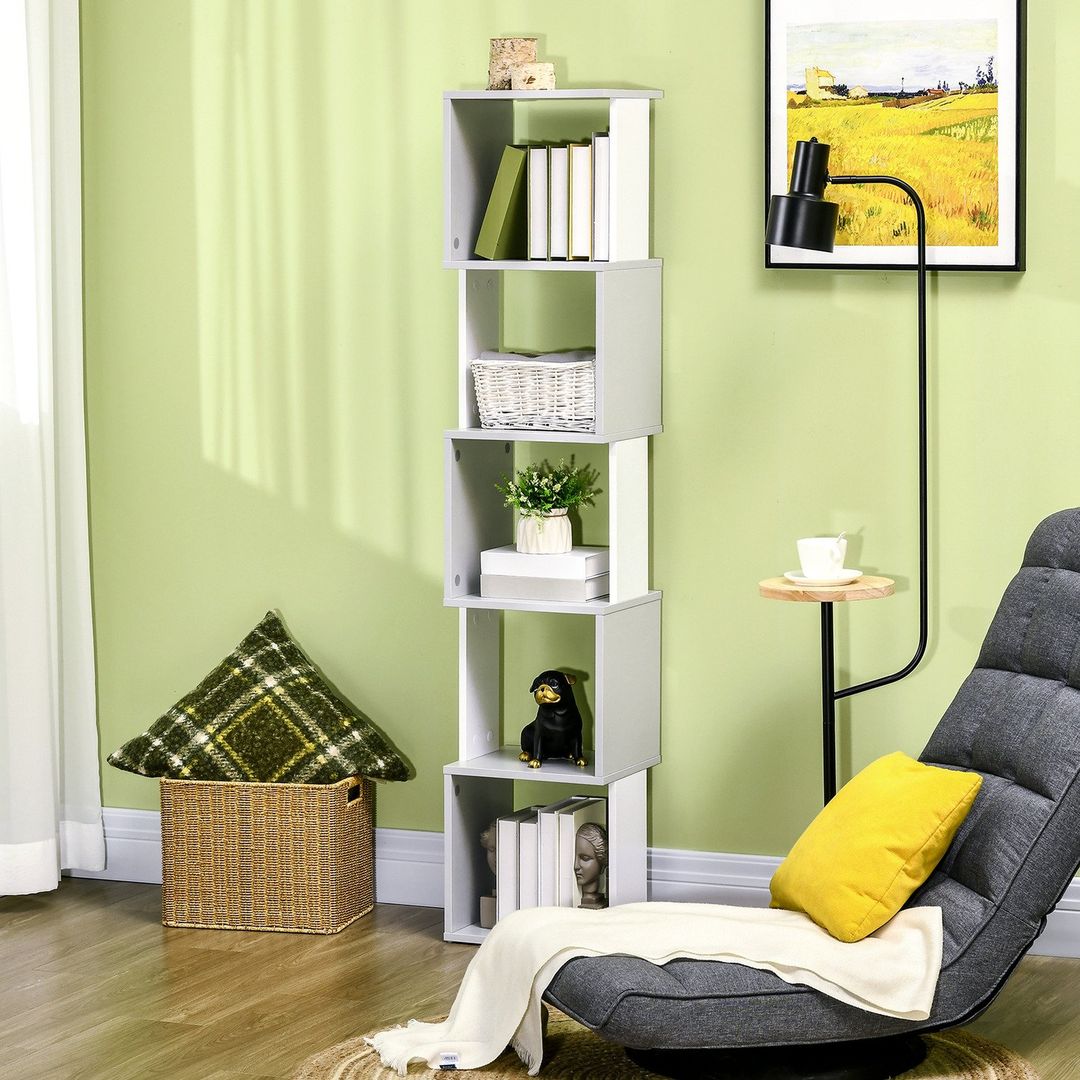 HOMCOM 5 Tier Bookshelf Modern Bookcase Storage Shelving for Home Office - White, Light Grey - Image 1