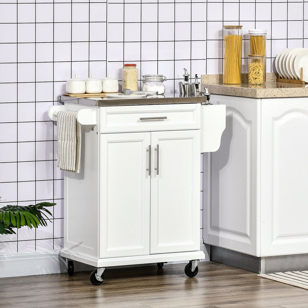 HOMCOM Kitchen Cart Storage Trolley with Drawer Cupboard Towel Rail - White - Image 1