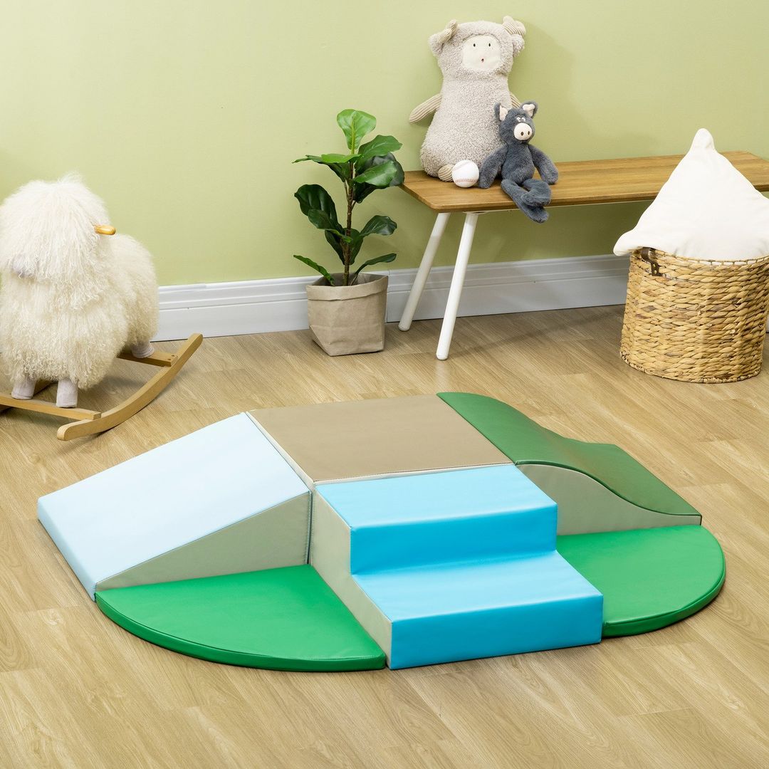 HOMCOM 6-Piece Soft Playset with Stairs and Ramp - Green, blue - Image 1
