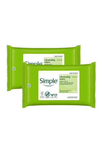 Simple Kind to Skin, Cleansing Wipes Sensitive Skin , 2 Packs of 25 Wipes - White