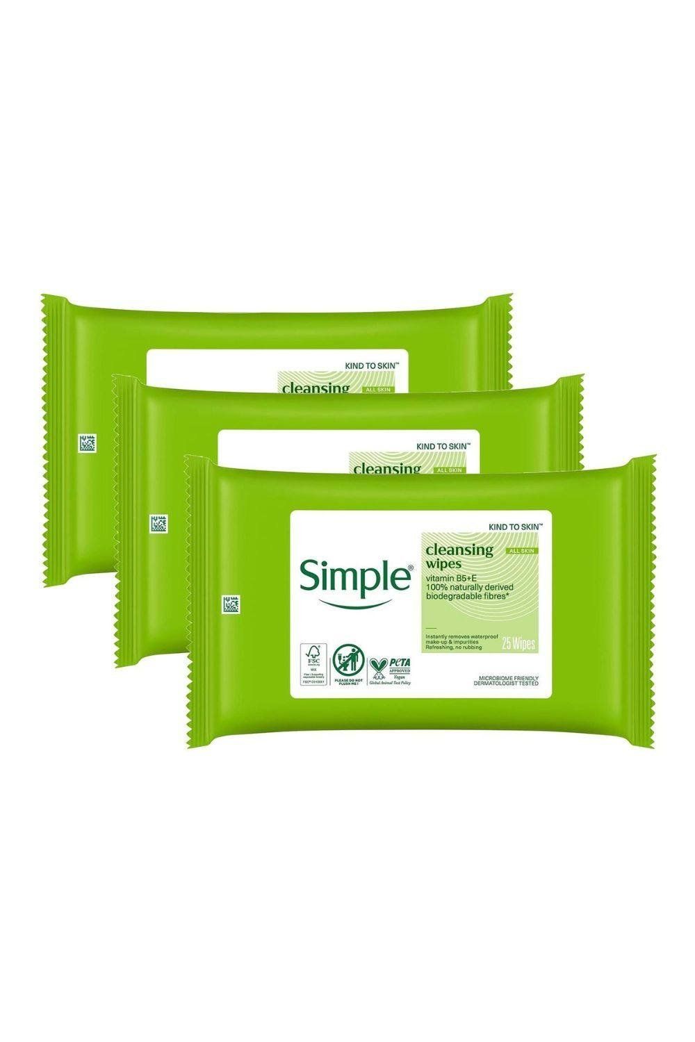 Simple Kind to Skin, Cleansing Wipes Sensitive Skin , 3 Packs of 25 Wipes - White - Image 1