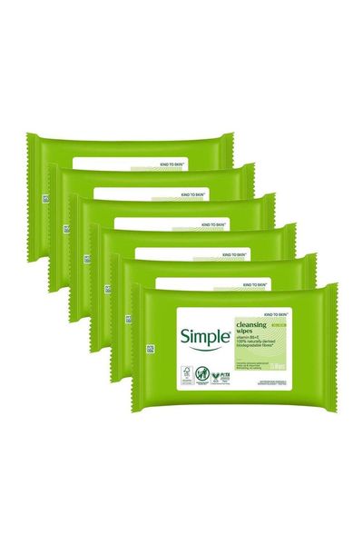 Simple Kind to Skin, Cleansing Wipes Sensitive Skin , 6 Packs of 25 Wipes - White