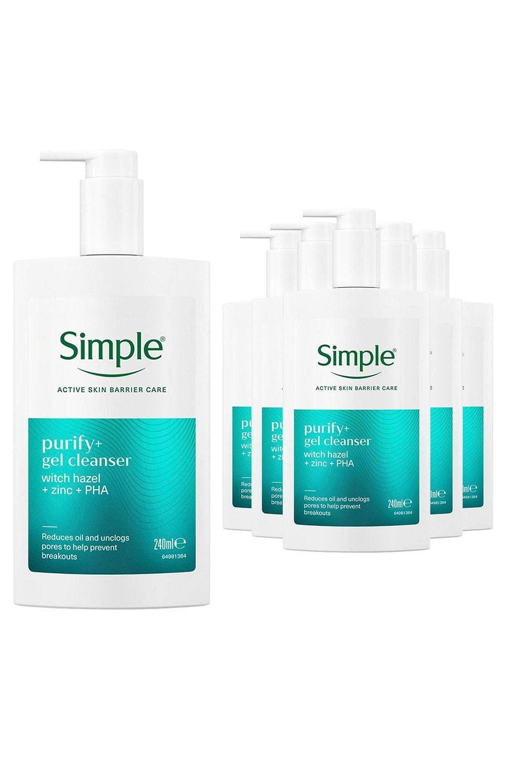 Simple Purify+ Gel Facial Cleanser Hydrating Skin Care Face Wash 240ml, 6 Pack - White - Image 1