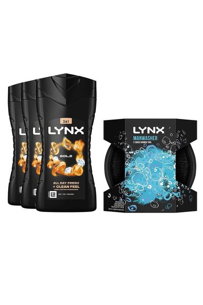 Lynx Gold Fragrance Body Wash 225ml & Manwasher Shower Tool Bundle ¿ 3 Pack