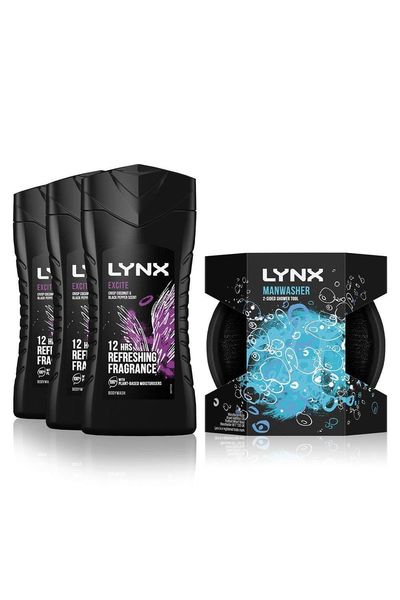 Lynx Excite 12H Refreshing Fragrance Bodywash 225ml, 3 Pack with Manwasher Shower Tool