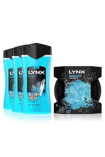 Lynx Ice Chill 3-in-1 Body Wash 225ml & Manwasher Shower Tool Bundle ¿ 3 Pack