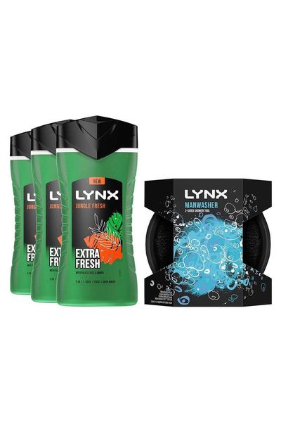 Lynx Jungle Fresh Shower Gel 225ml & Manwasher 2-Sided Shower Tool Bundle ¿ 3 Pack
