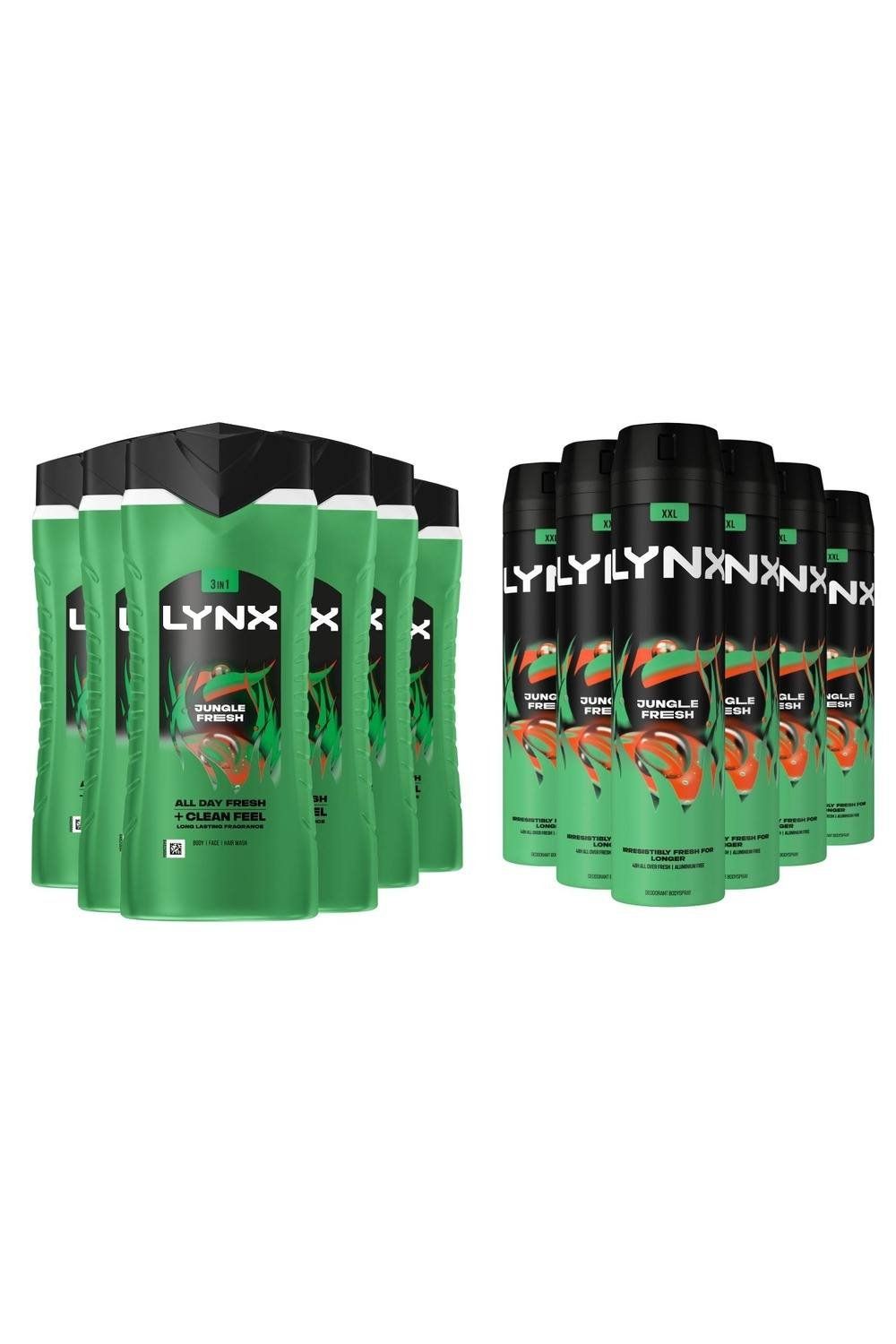 Lynx Jungle Fresh Shower Gel Extra Fresh 500ml, 6 Pack with Body Spray, 250ml, 6 Pack - Image 1