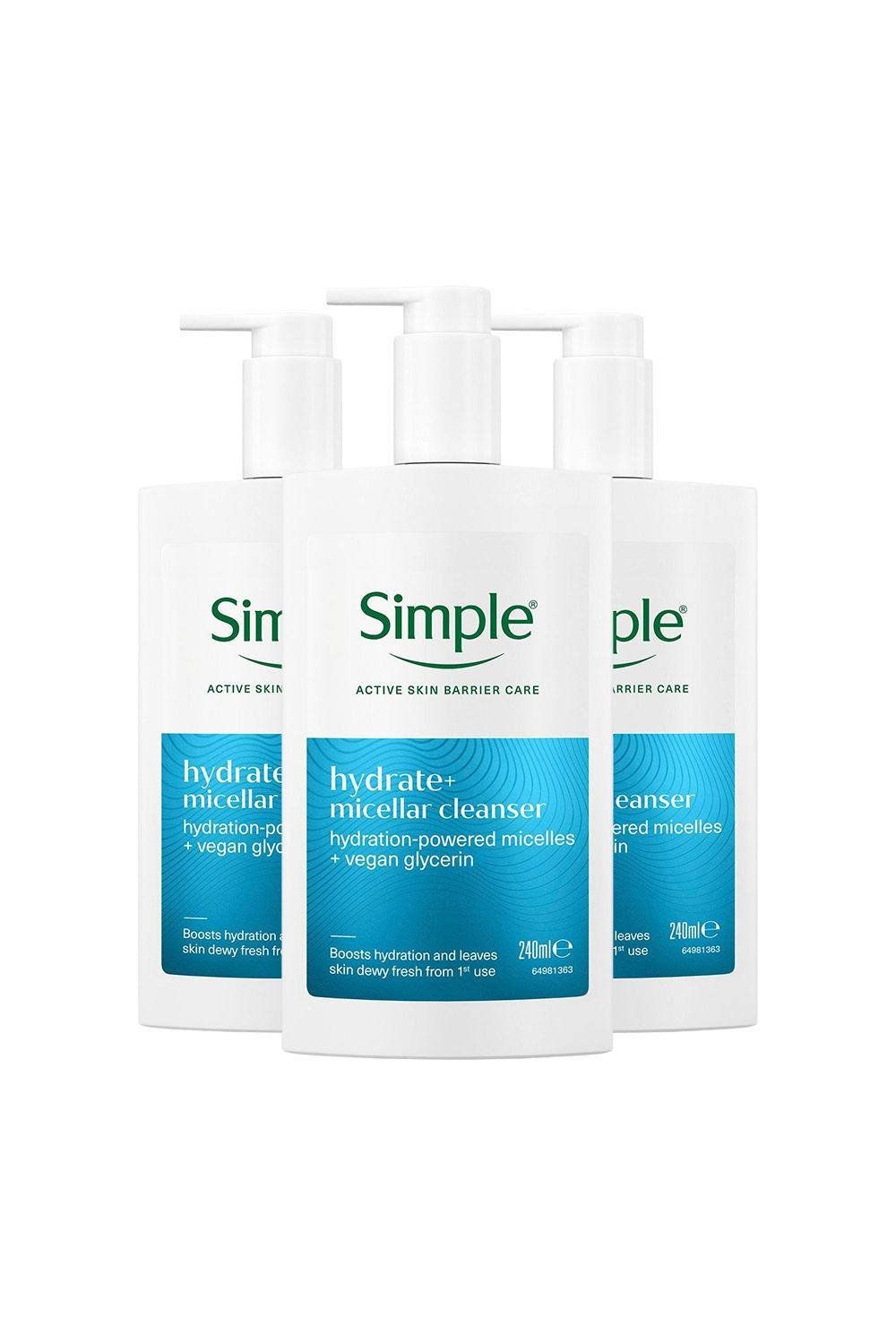 Simple Hydrate+ Micellar Cleanser Gentle Refreshing Face Wash 240ml, 3 Pack - White - Image 1