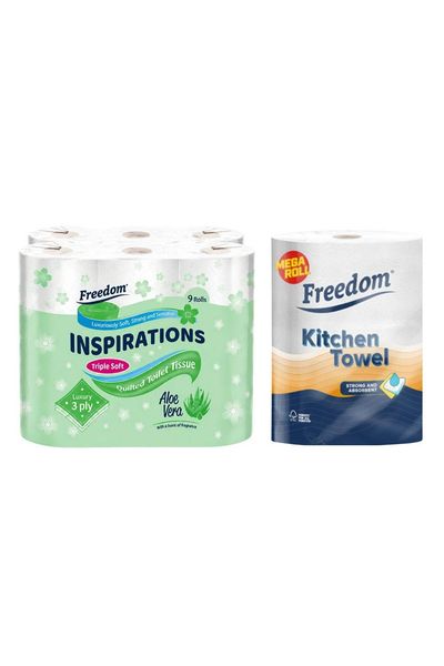 Freedom Aloe Vera Toilet Paper 45 Rolls with Kitchen Towels 6 Rolls - White