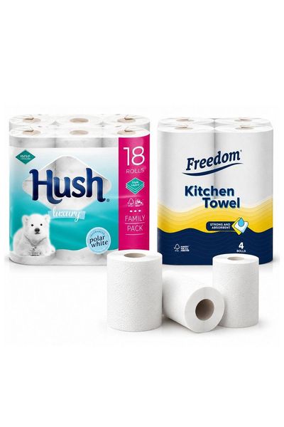 Freedom Kitchen Towels 24 Rolls with Hush Bathroom Tissues 18 Rolls - White