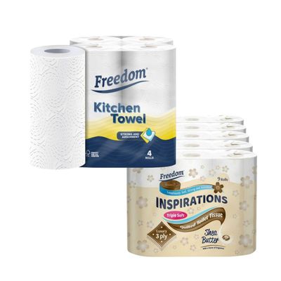 Freedom Shea Butter 3-Ply 45 Rolls + Rhino Kitchen Paper 24 Rolls in White