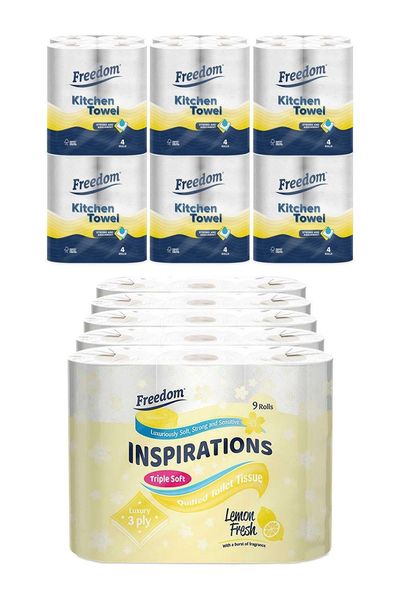 Freedom Lemon Toilet Paper 45 Rolls with Kitchen Towels 24 Rolls - White