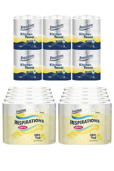Freedom Lemon Toilet Paper 90 Rolls with Kitchen Towels 24 Rolls - White