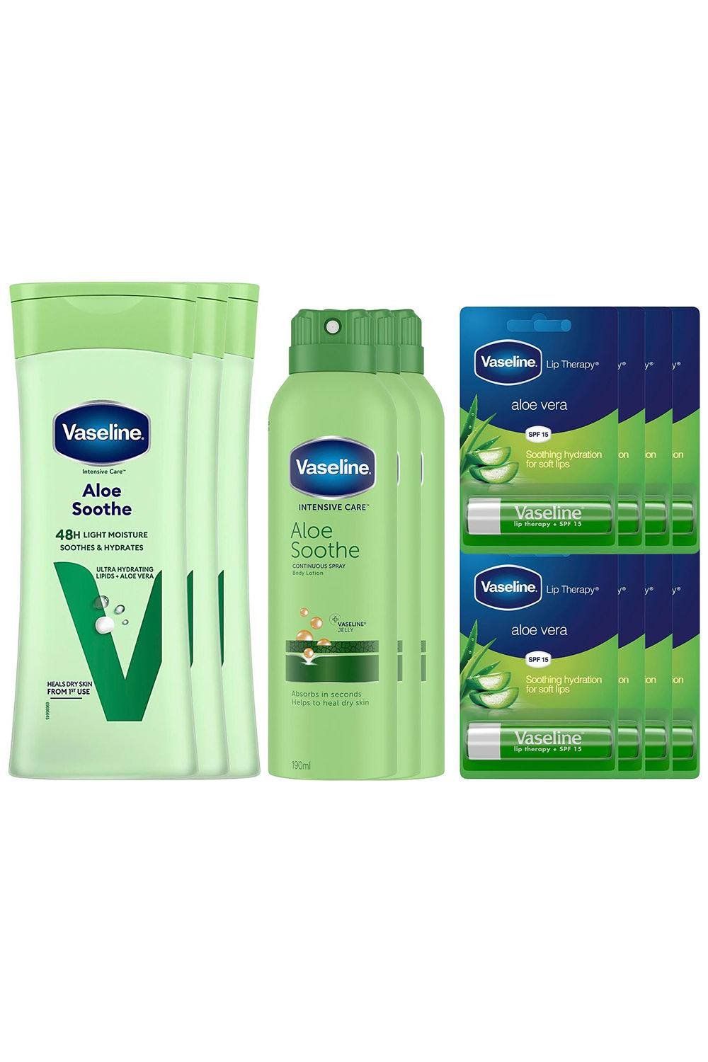 Vaseline Aloe Bundle Lip Therapy 4g, Spray Body Lotion 190ml & Body Lotion 400ml - White - Image 1